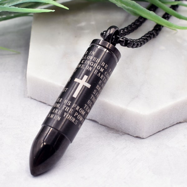 Bullet Urn Necklace - Lord's Prayer Cross Cylinder,  Mens Cremation Jewelry for Ashes, Necklace for Ashes, Ashes Holder