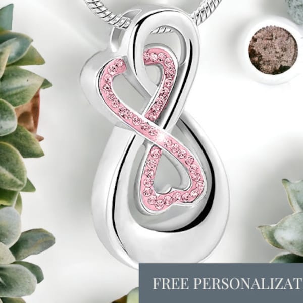 Crystal Double Infinity Urn Pendant, 316L Stainless Steel Jewelry, Personalized Pink Crystal Breast Cancer Awareness Necklace