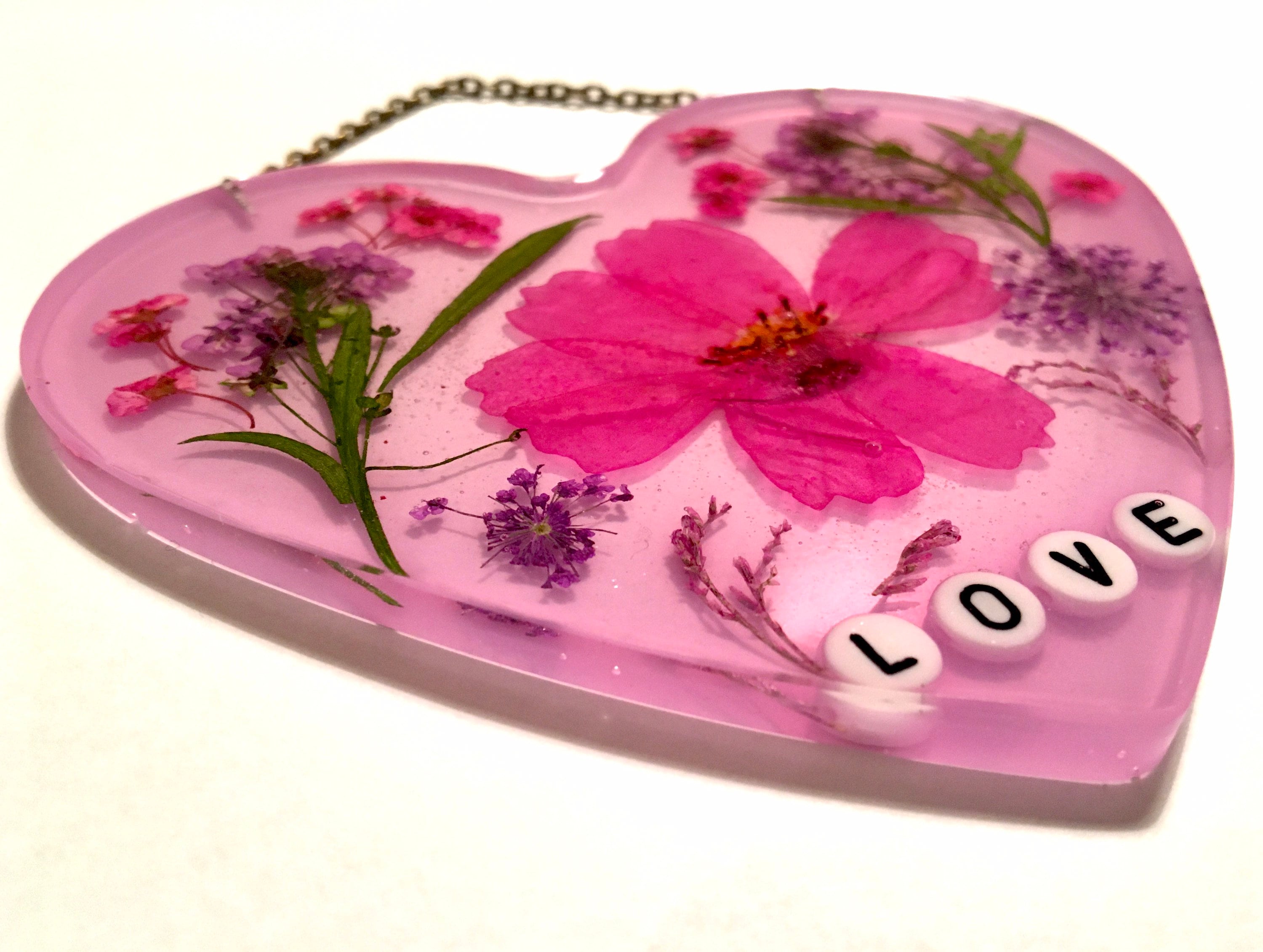 Resin heart love gift pink pressed flowers resin art Etsy