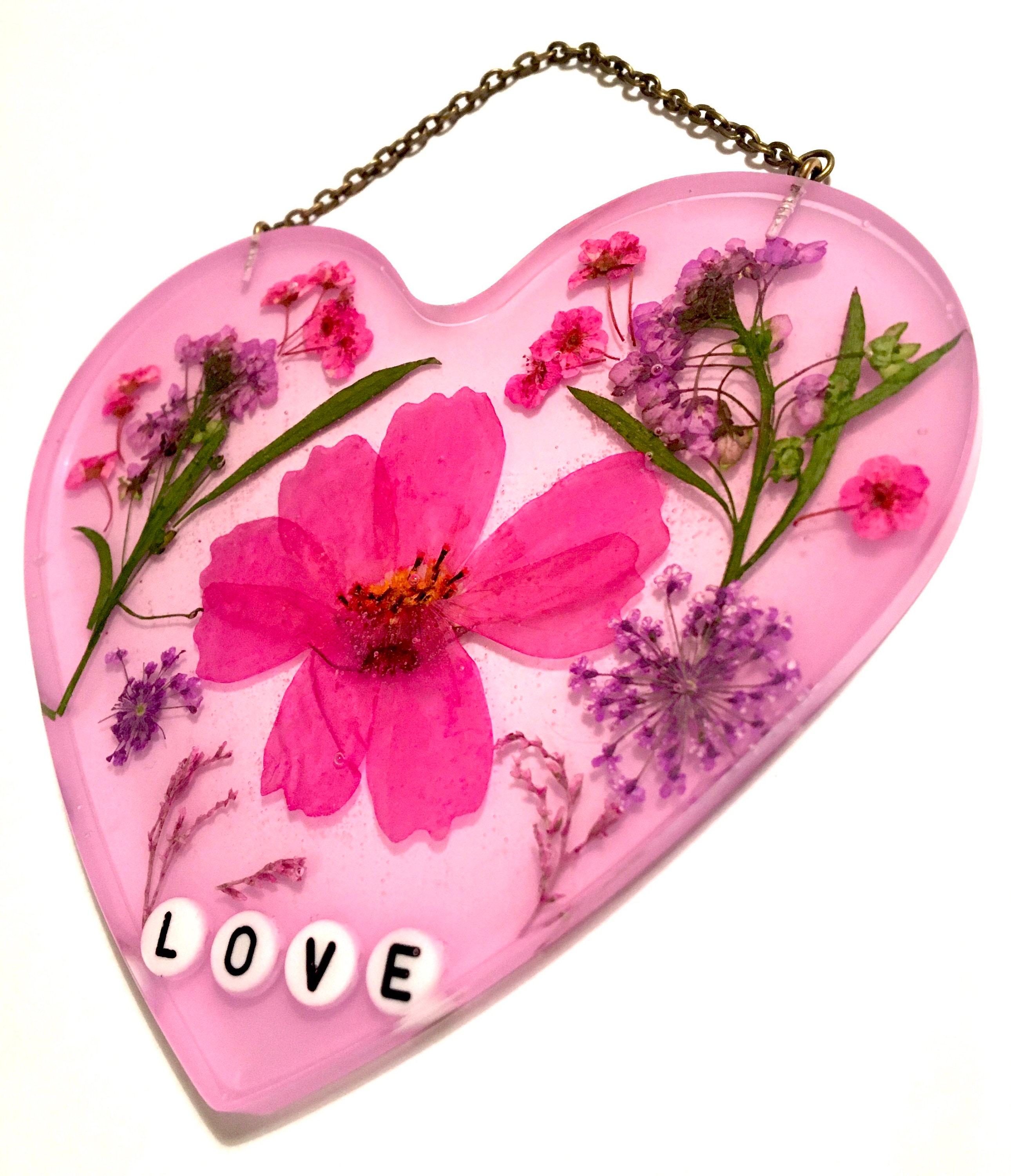 Resin heart love gift pink pressed flowers resin art Etsy