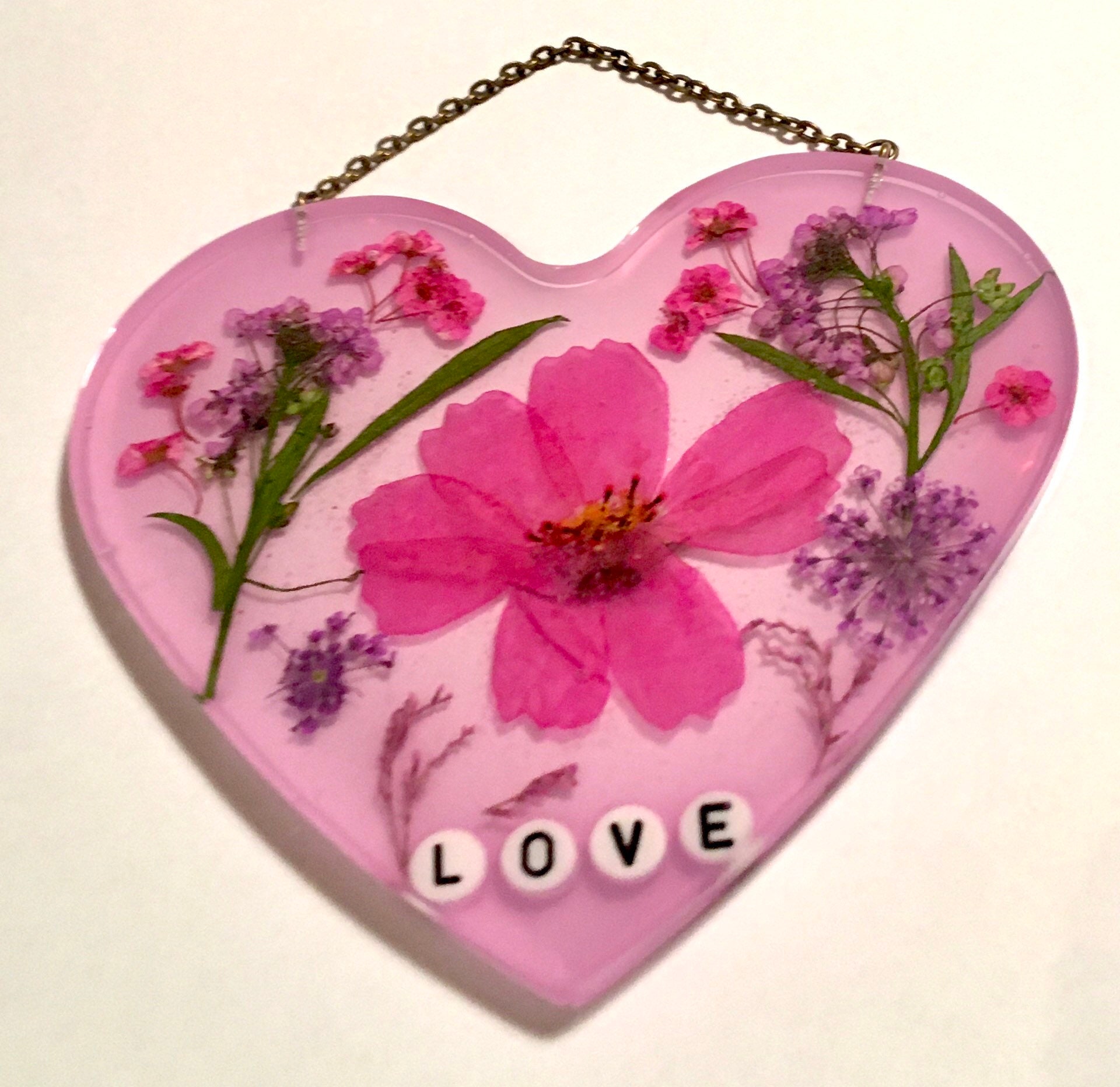 Resin heart love gift pink pressed flowers resin art Etsy