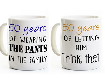 50th Anniversary Gift - His and Her Personalized Coffee Mugs - 50 Years Married - Golden Wedding Anniversary Gift Idea Set - Funny, Humor