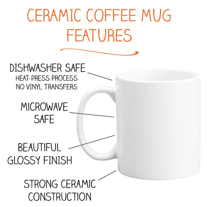 May include: White ceramic coffee mug with a handle. Features include dishwasher safe, microwave safe, beautiful glossy finish, and strong ceramic construction.