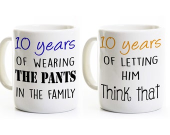 10 Year Wedding Anniversary Gift - Couples Coffee Mugs Cups - 10 Years Married - Mug Set