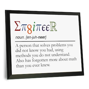 May include: A framed print with a humorous definition of the word "engineer" using mathematical symbols and the word spelled out in colorful letters. The definition reads: "A person that solves problems you did not know you had, using methods you do not understand. Also has forgotten more about math than you ever knew."