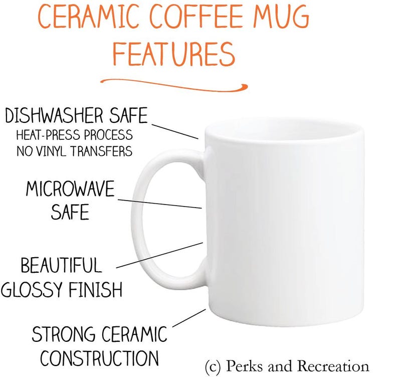 May include: White ceramic coffee mug with a glossy finish. The mug is dishwasher and microwave safe. It is made with a strong ceramic construction and features a heat-press process with no vinyl transfers. The text "(c) Perks and Recreation" is printed on the bottom of the mug.