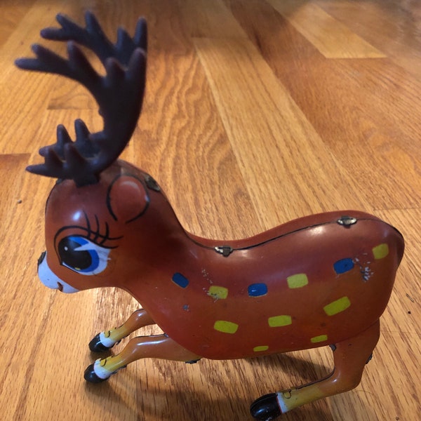 Vintage tin litho made in China wind-up toy deer elk hopping deer jumping