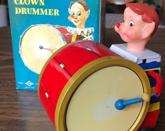 Vintage Daiya Japan wind up toy mechanical clown drummer tin litho metal with box