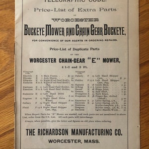 Buckeye Mower & Chain Gear Antique Richardson Worcester MA Farm Tool Price List 1800s Catalogue