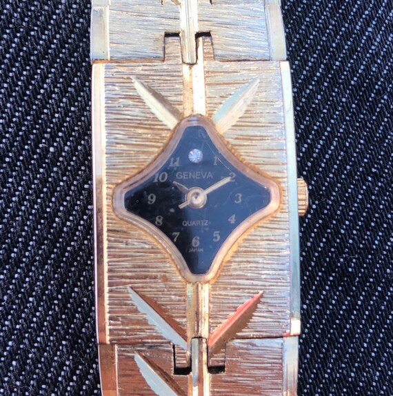 Vintage Geneva Quartz Womans Ladies Watch Black Face Unique Etsy