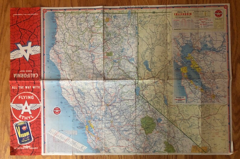 Vintage California road map Flying A Ethyl pamphlet tourist 1960s