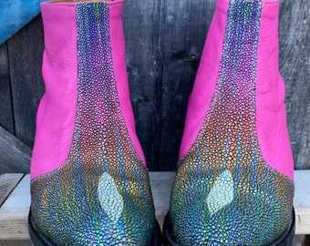 Custom made Chelsea’s boot in Hot Pink and Rainbow leather