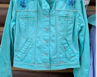 Upcycled ‘Part Two’ denim jacket, with vintage needlepoint patches, size 10, original Hand Ruined by Sue loves Junk.