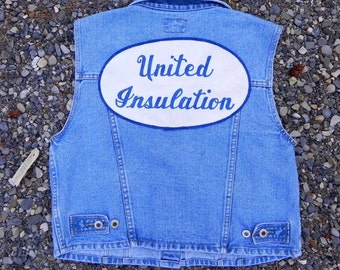 Vintage 1980's blue denim vest with large back patch Duc name tag, Hand Ruined by Sue!