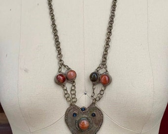 Vintage Boho Turkish heart necklace with agate stones