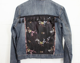 Boho Jean Jacket, embellished  jacket, satin fabric in Asian baroque print, women's size small. 1990s