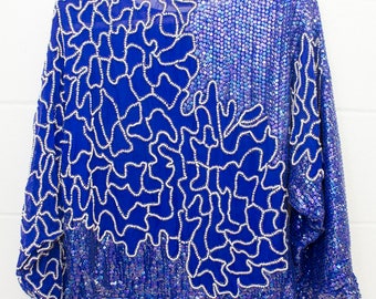 1980s Electric blue beaded and sequined long sleeve evening top, Ladies  size  medium Vintage top