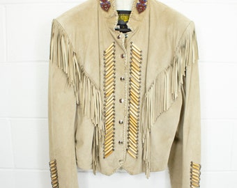 Vintage suede leather jacket, with real bone, native beadwork and fringe, Women's, Size 14,  1980's