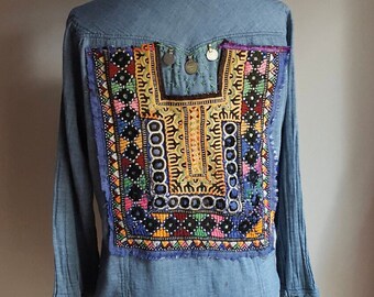 Chambray shirt, with vintage Indian embroidery and Thai coins. Original Hand Ruined by Sue loves Junk