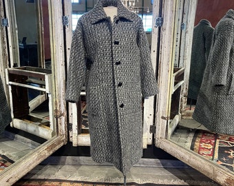 Quality Vintage long grey & white tweed  wool coat/expertly  hand sewn