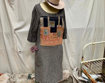 Designer linen Lagenlook black and white checked dress, upcycled w vintage Hmong Hill tribe tapestry Refashioned dress Upcycled fashion gift