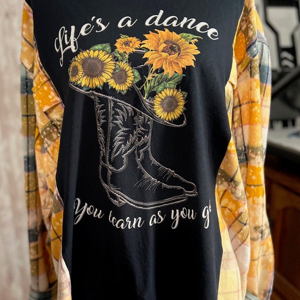 Up Cycled Bleached Plaid Shirt reworked with Graphic Tee, One of a Kind, Life's a Dance, Boots, Country, Yellow Plaid, Sunflowers