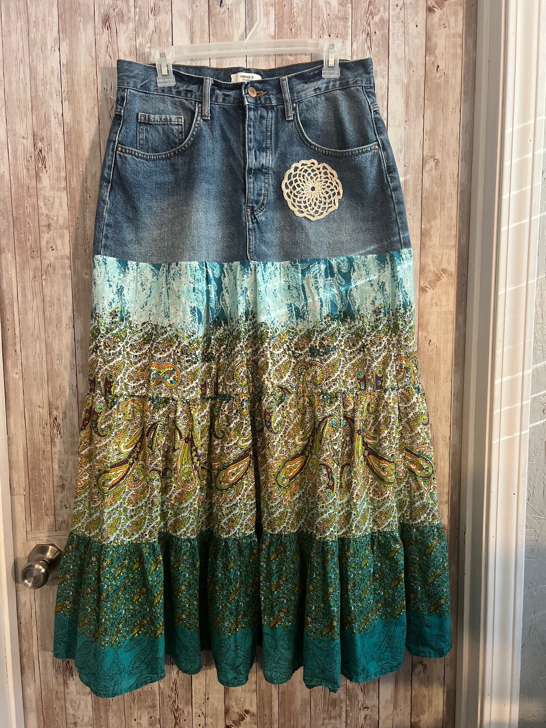 Boho Upcycled Denim Maxi Skirt. Gypsy, One of a Kind - Etsy