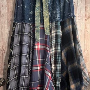 Upcycled Denim Flannel Patchwork Maxi Skirt, Boho Western Handkerchief Hem Festival One-of-a-Kind