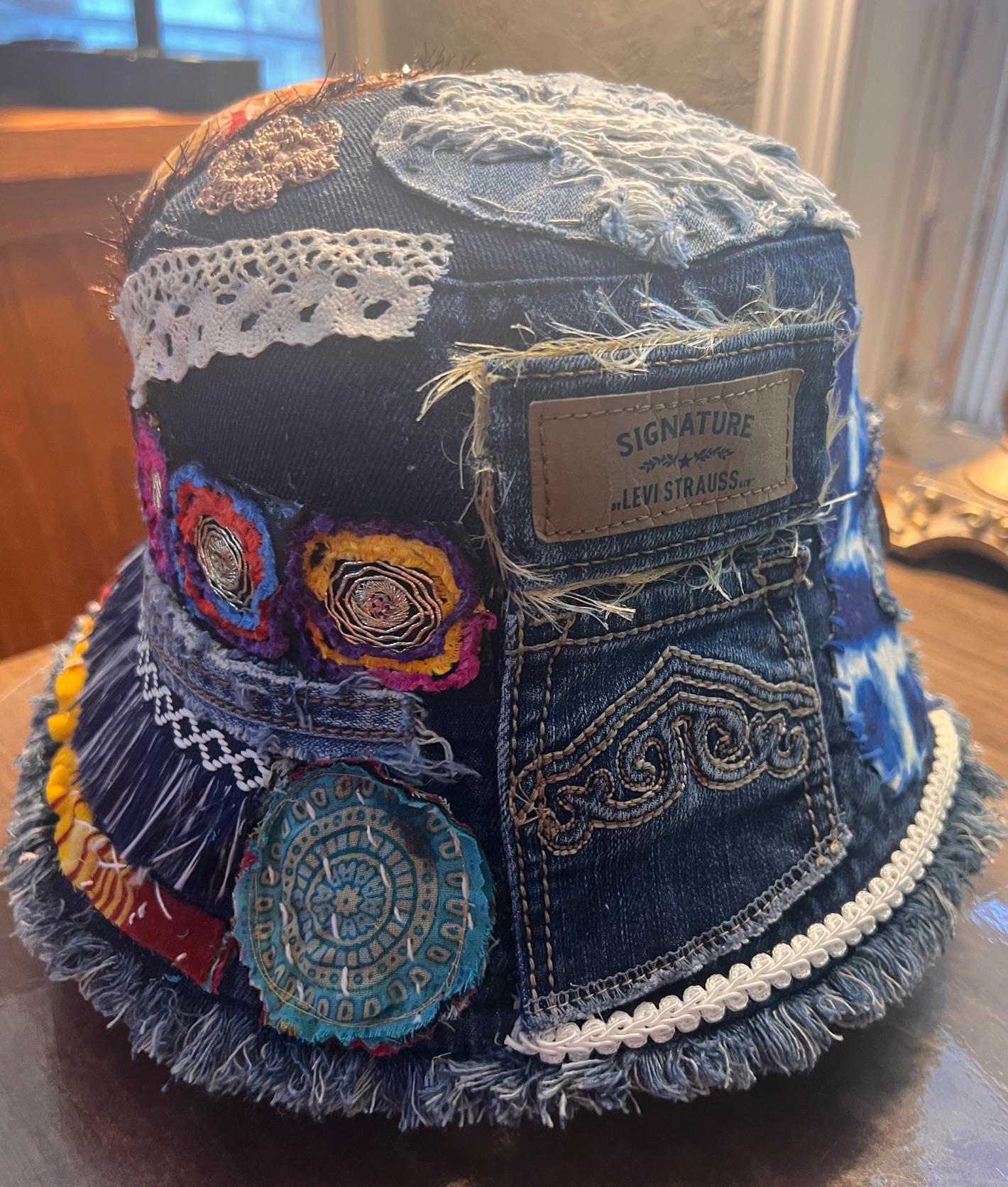 Kantha Sun Hat Pink Purple S-M Reversible Blue Denim Lace Flower Handmade KS14. Sun Hats - Etsy main image 4