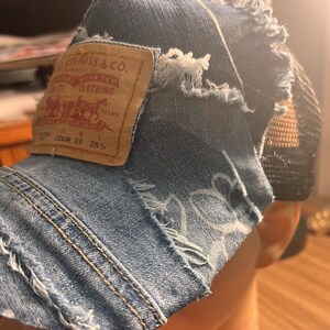 Upcycled Denim Patchwork Ball Cap, Authentic Levi Patch, Distressed Boho Hat