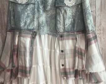 Denim Skirt: Ruffle & Flannel Layers, Upcycled Medium Bleached Denim