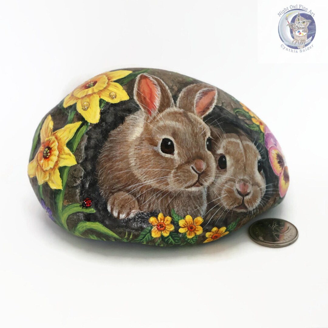 Easter Painted Rock, Rabbits in Stone, Bunnies, Rabbit Family Rock Art ...