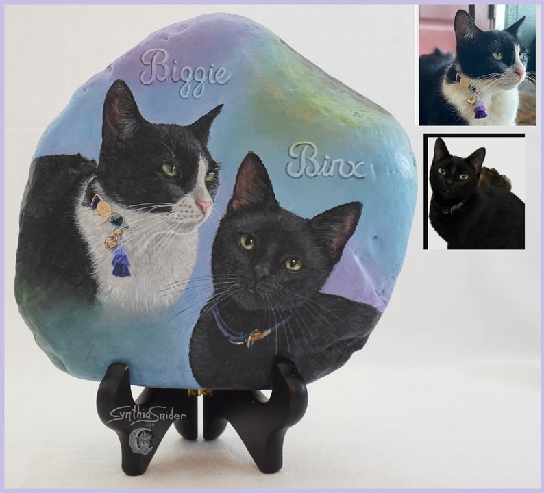 Pet portrait, 6 x 6 rock painted, cat portrait, cat memorial painting, custom rock, pet memorial, painted rock, personalized pet portrait Two subjects