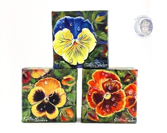 Original oil paintings, pansy art, set of three paintings, small painting, miniature art, pansy oil paintings, oil on canvas painted flowers