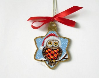 Christmas ornament, hand painted wood ornament, owl art, Merry Christmas, wooden ornament, owl ornament, christmas owl, owl in santa hat