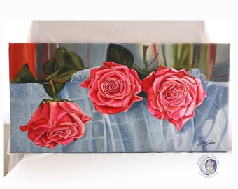 Original oil painting, roses oil painting, 12" x 24" painting, pink roses art, original art, still life painting, still life original roses