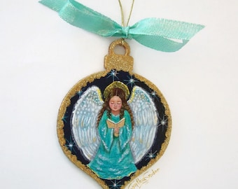 Christmas ornament, hand painted wood ornament , Christmas angel, Merry Christmas, wooden ornament, little angel painting, angel ornament
