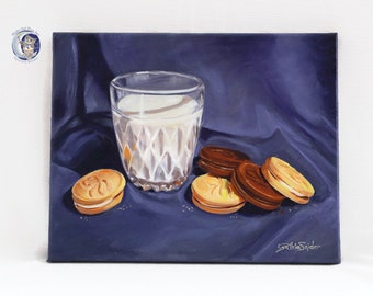 Original oil painting, cookies and milk, still life art, 10" x 8" oil painting, oil on canvas,  dessert art, still life oil painting, cookie
