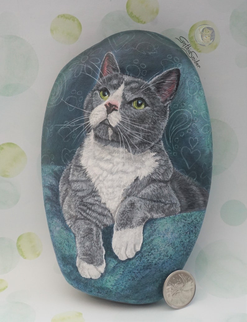 Pet portrait, 6 x 6 rock painted, cat portrait, cat memorial painting, custom rock, pet memorial, painted rock, personalized pet portrait image 8