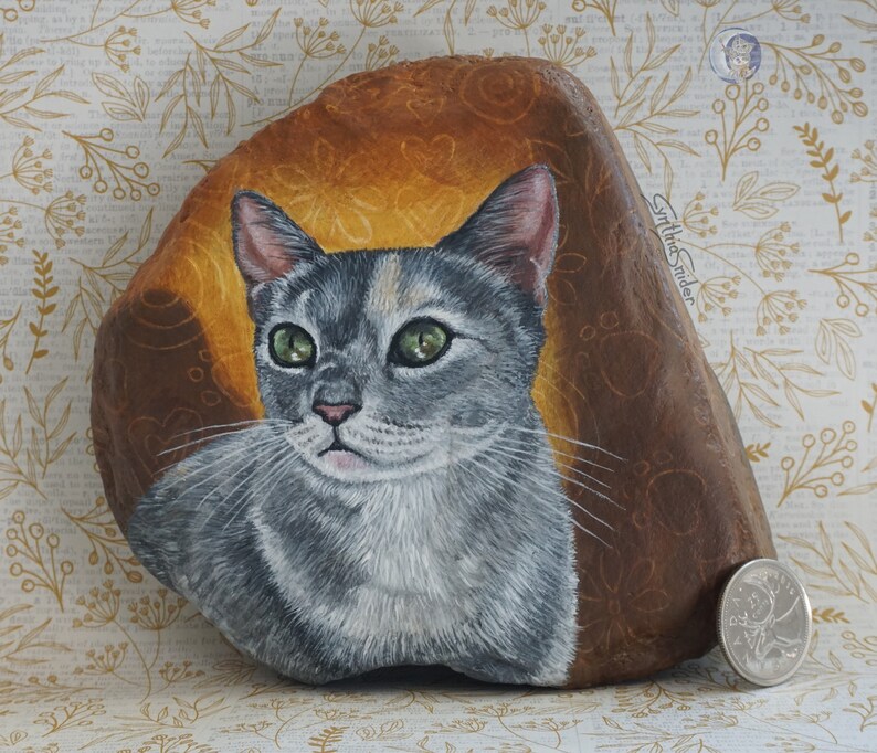 Pet portrait, 6 x 6 rock painted, cat portrait, cat memorial painting, custom rock, pet memorial, painted rock, personalized pet portrait image 2