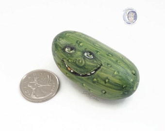 Dill pickle rock, pickle with face, painted pickle stone, dill with face, pickle face, painted rock, funny pickle stone, painted stone funny