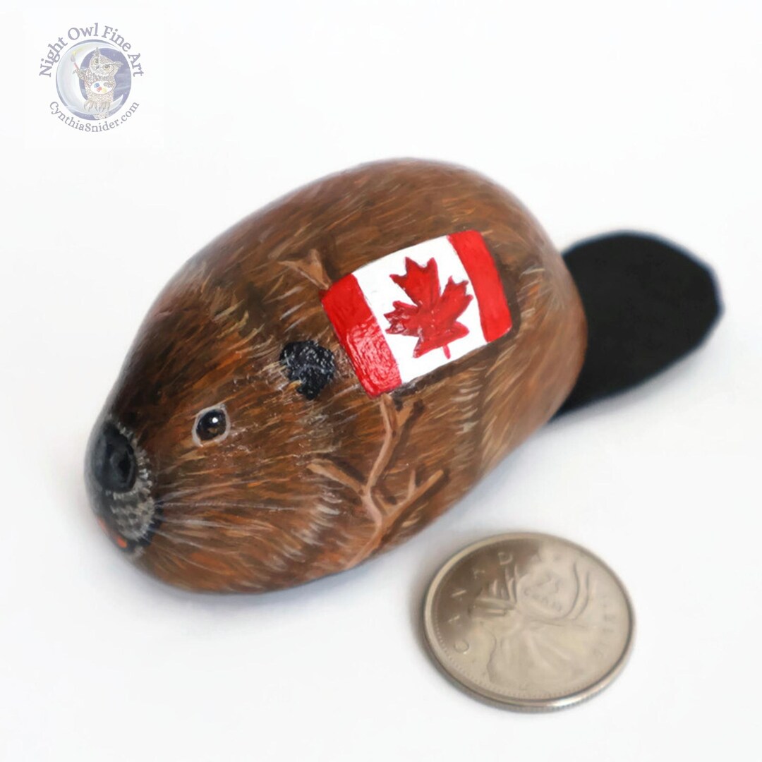 Beaver Painted Rock With a Canadian Flag, Canada Stone Animal Patriotic ...
