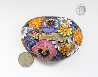 Flower painted rock, painted stone, basket of flowers rock, mom gift, pansy flowers, scroll banner, personalized name, custom wording