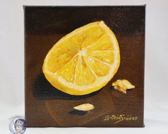 Original oil painting, lemon wedge still life, small art, 5" x 5", fruit art, lemon wall art, kitchen art, fruit still life.