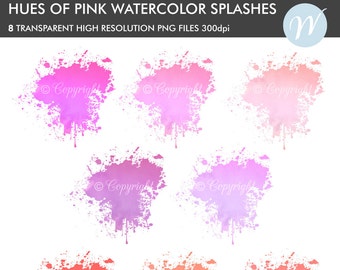 Watercolor Splashes, Paint Splatters, Watercolor Backgrounds, Watercolor Brushstrokes, Paint Splotches, Watercolour Clipart, Digital, Pink