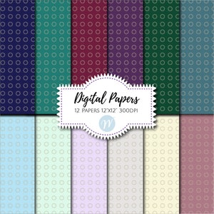 May include: Twelve digital papers with a repeating pattern of small white circles with a dot in the center on a variety of colored backgrounds. The colors include navy blue, teal, burgundy, purple, green, blue, light blue, mint green, lavender, light gray, cream, and pink. The text "Digital Papers" and "12 PAPERS 12"x"12" 300DPI" is in a white banner with a scalloped edge.