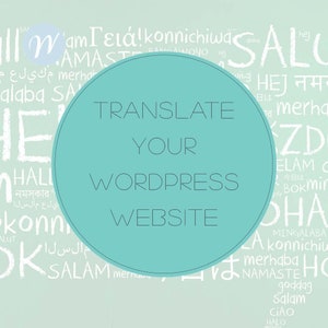 Könnte beinhalten: Ein türkisfarbener Kreis mit dem Text "TRANSLATE YOUR WORDPRESS WEBSITE" in Schwarz auf hellgrünem Hintergrund mit weißem Text, der den Kreis umgibt.