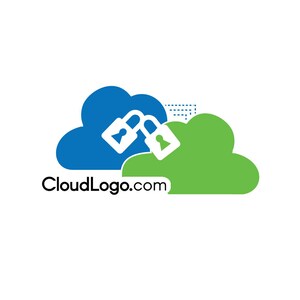 Puede incluir: Un logotipo para una empresa de almacenamiento en la nube, CloudLogo.com, con dos candados blancos conectados entre sí, dentro de una nube azul y una nube verde.