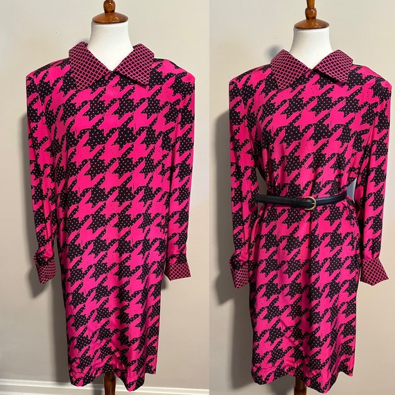 1980’s Bill Blass Silk Houndstooth Print Dress - image 1