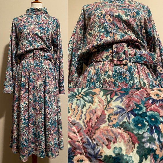 1980’s Floral Tapestry Belted Dress - image 1